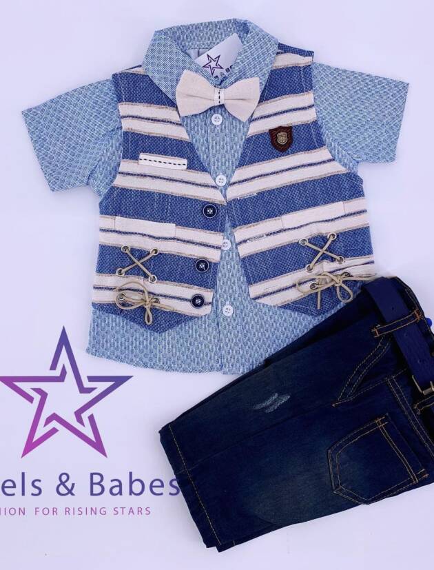 Rebels, Anzug-Set festlich mit Weste & Fliege, blau-beige gestreift