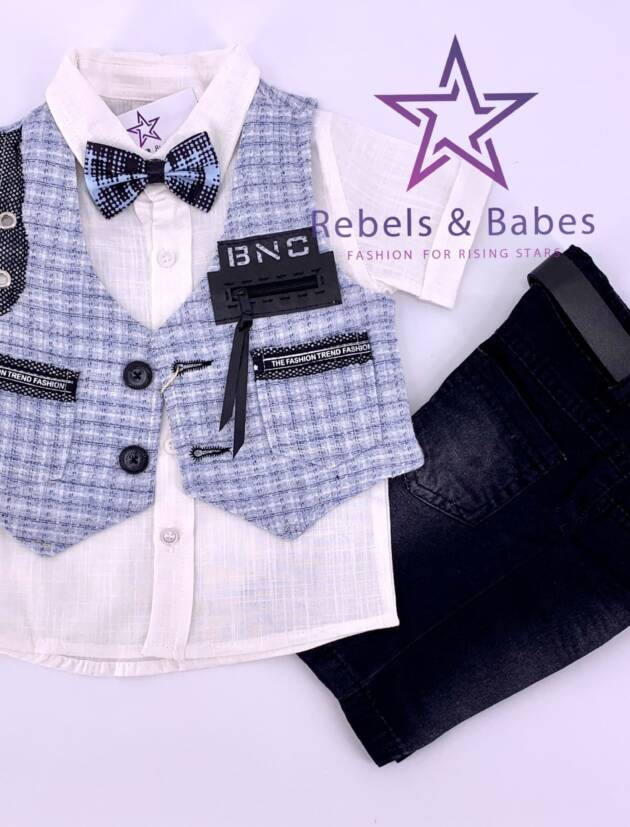 Rebels, Anzug-Set festlich mit Weste & Fliege, blau kariert